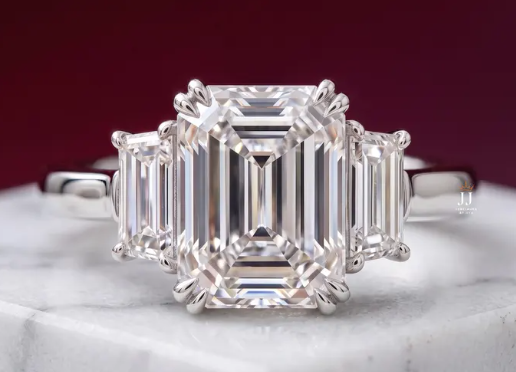 14K Solid White Gold 6.60 CT Emerald Cut Three Stone Lab Grown Diamond Engagement Ring | 5.00 CT Center | D Color | VVS1 | Gatral Gems