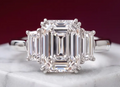 14K Solid White Gold 6.60 CT Emerald Cut Three Stone Lab Grown Diamond Engagement Ring | 5.00 CT Center | D Color | VVS1 | Gatral Gems