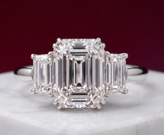 14K Solid White Gold 6.60 CT Emerald Cut Three Stone Lab Grown Diamond Engagement Ring | 5.00 CT Center | D Color | VVS1 | Gatral Gems