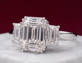14K Solid White Gold 6.60 CT Emerald Cut Three Stone Lab Grown Diamond Engagement Ring | 5.00 CT Center | D Color | VVS1 | Gatral Gems