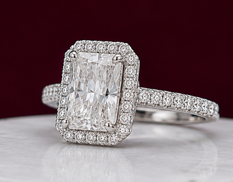 14K Solid White Gold 3.50 CT Radiant Cut Halo Lab Grown Diamond Engagement Ring | D Color | VVS1 | Gatral Gems