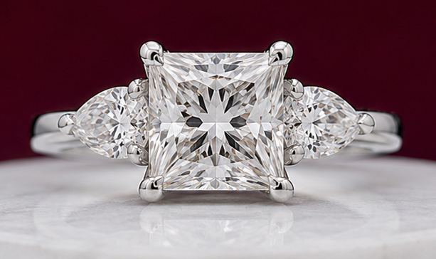 14K Solid White Gold 3.50 CT Princess Cut Three Stone Lab Grown Diamond Engagement Ring | 4.30 CT Total | D Color | VVS1 | Gatral Gems