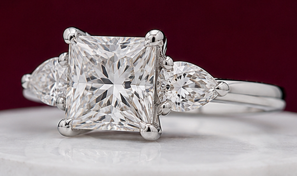 14K Solid White Gold 3.50 CT Princess Cut Three Stone Lab Grown Diamond Engagement Ring | 4.30 CT Total | D Color | VVS1 | Gatral Gems