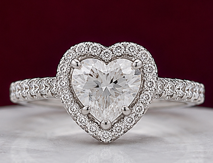 14K Solid White Gold 3.00 CT Heart Cut Halo Lab Grown Diamond Engagement Ring | 3.50 CT Total | D Color | VVS1 | Gatral Gems