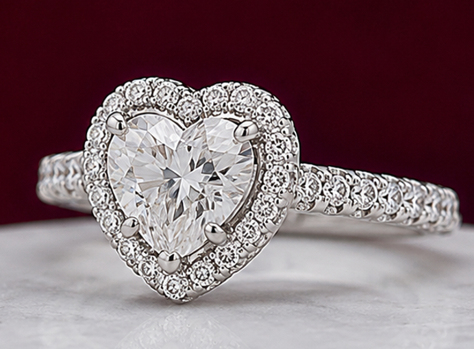 14K Solid White Gold 3.00 CT Heart Cut Halo Lab Grown Diamond Engagement Ring | 3.50 CT Total | D Color | VVS1 | Gatral Gems