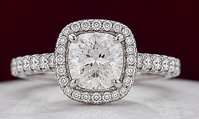 14K Solid White Gold 3.00 CT Cushion Cut Halo Lab Grown Diamond Engagement Ring | 3.50 CT Total | D Color | VVS1 | Gatral Gems