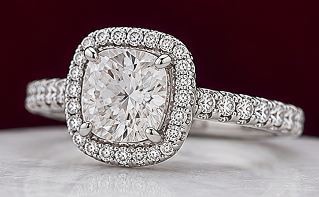 14K Solid White Gold 3.00 CT Cushion Cut Halo Lab Grown Diamond Engagement Ring | 3.50 CT Total | D Color | VVS1 | Gatral Gems